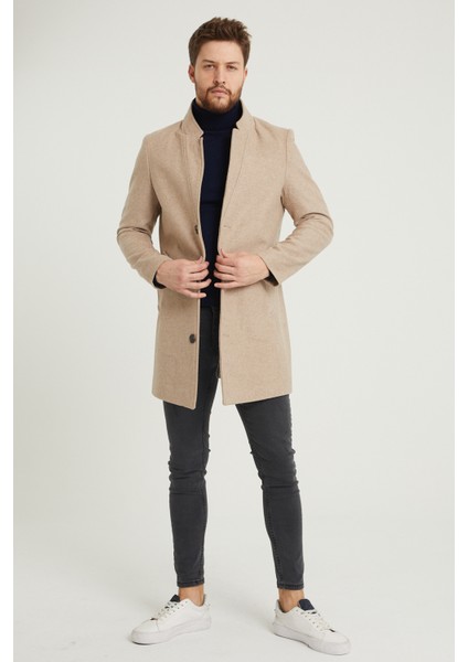 Erkek Bej Slim Fit Dik Yaka Kaşe Kaban fırsatları