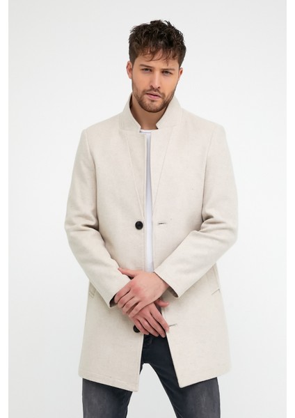 Erkek Ekru Slim Fit Dik Yaka Kaşe Kaban modelleri