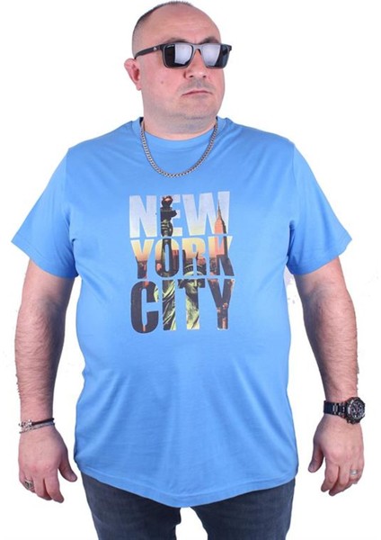 Büyük Beden Sıfır Yaka Tişört New York City 23125 Mavı