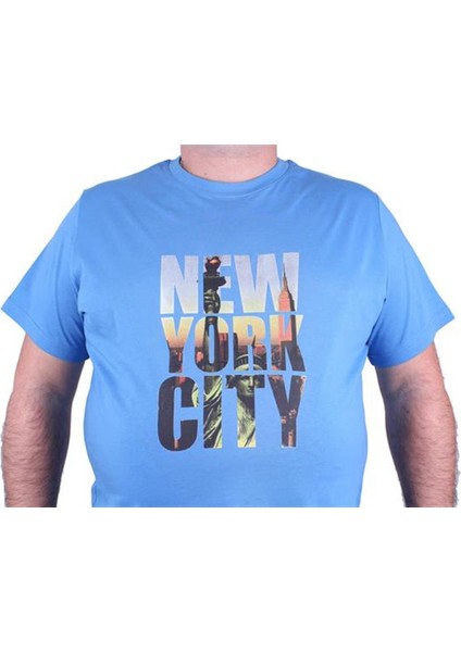 Büyük Beden Sıfır Yaka Tişört New York City 23125 Mavı modelleri