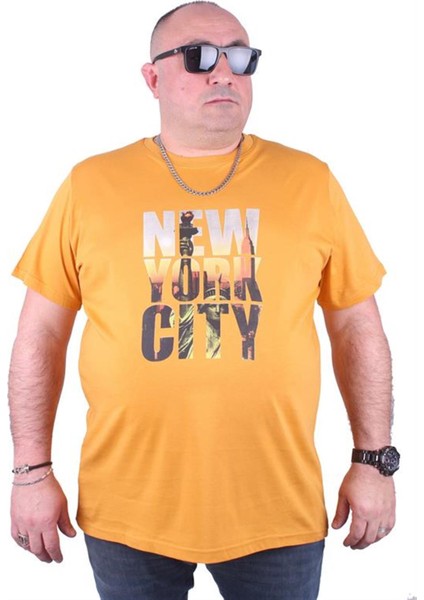 Büyük Beden Sıfır Yaka Tişört New York City 23125 Hardal