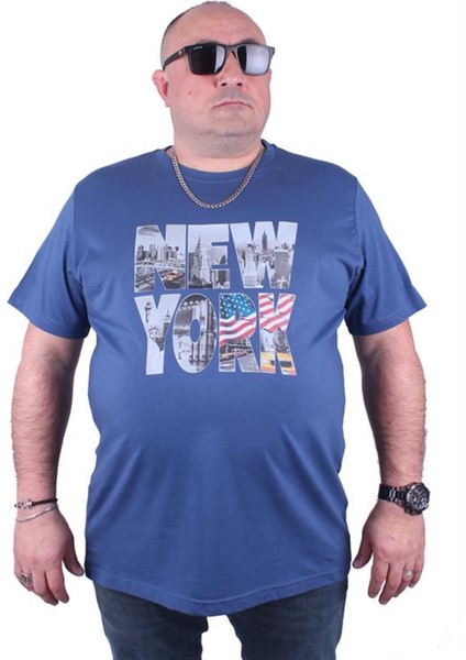 Büyük Beden Erkek Baskılı Tişört New York 23129 Indıgo