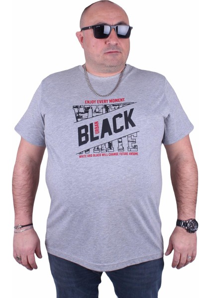 Büyük Beden Erkek Baskılı Tişört Black 23127 Gri Melanj