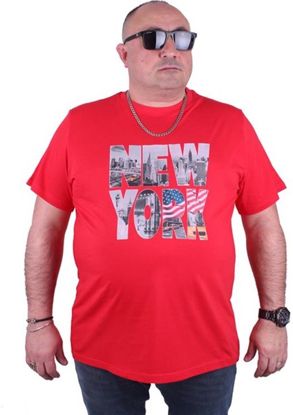 Büyük Beden Erkek Baskılı Tişört New York 23129 Kırmızı