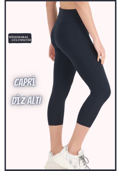 Kadın Tayt Lacivert Diz Altı Kapri Yüksek Bel Dar Paça Karyoka Dikiş Detaylı Capri 1020 indirimleri