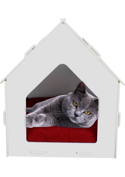 Büyük Kedi Evi Dekoratif Ahşap Dayanıklı 50X35 cm Kedi Yatağı Merdivenli Model
