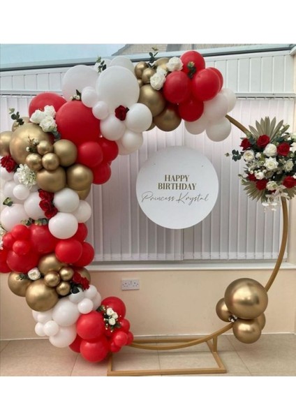 100 Adet Balon ve Balon Zinciri Kırmızı Beyaz ve Gold Krom Balon Doğum Günü Konsept Balon