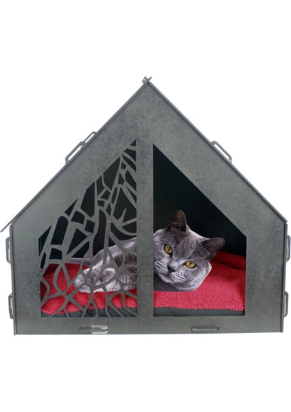 Büyük Kedi Evi Dekoratif Ahşap Dayanıklı 50X35 cm Kedi Yatağı Seperatör Model