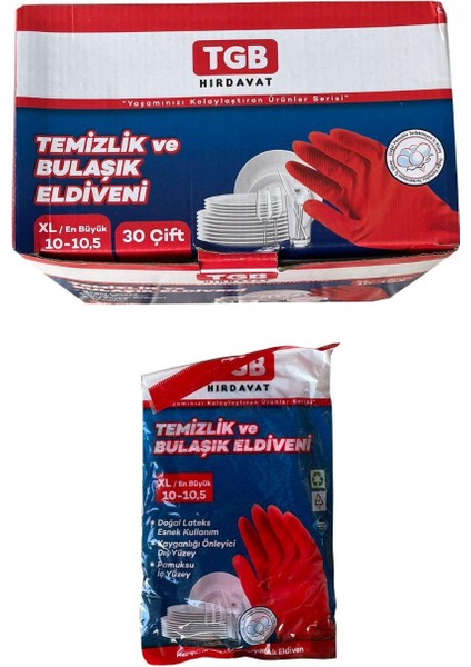 Bulaşık Temizlik Ev Iş Eldiveni - Kırmızı - No: 9 / Large - 30 Adet Kutu