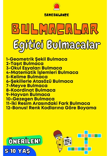 Eğitici Bulmacalar - Bulmaca Çözme - 12 Farklı Bulmaca - Okul Öncesi ve Ilkokul - Çalışma Sayfaları