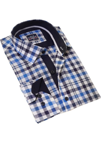 Mavi Lacivert Beyaz Kare Desenli Pamuk Slim Fit Uzun Kol Erkek Gömlek10