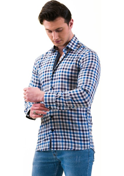 Mavi Lacivert Beyaz Kare Desenli Pamuk Slim Fit Uzun Kol Erkek Gömlek10 fiyatları