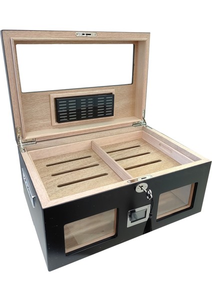 Siyah 2 Katlı Camlı Dijital Humidor Puro Kutusu RC59SY