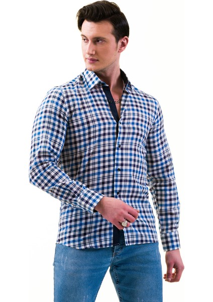 Mavi Lacivert Beyaz Kare Desenli Pamuk Slim Fit Uzun Kol Erkek Gömlek10 modelleri