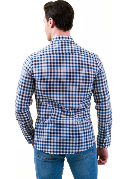 Mavi Lacivert Beyaz Kare Desenli Pamuk Slim Fit Uzun Kol Erkek Gömlek10 fırsatları