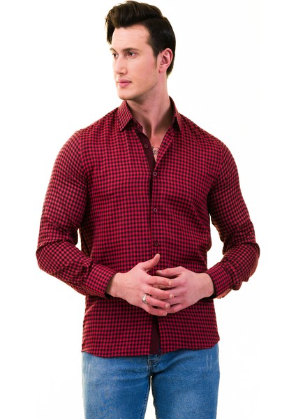 Kırmızı Siyah Pötikareli Slim Fit Uzun Kol Erkek Gömlek10 fiyatları