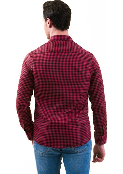 Kırmızı Siyah Pötikareli Slim Fit Uzun Kol Erkek Gömlek10 modelleri