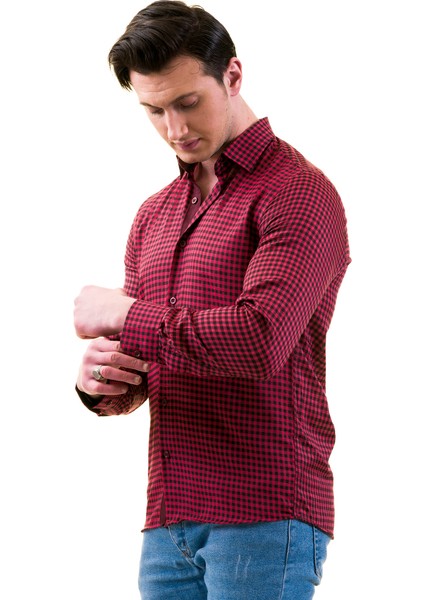 Kırmızı Siyah Pötikareli Slim Fit Uzun Kol Erkek Gömlek10 fırsatları