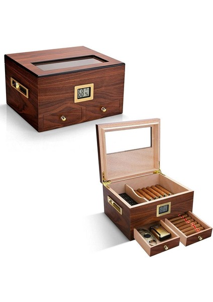 Sedir Ağacı Camlı Çekmeceli Humidor Puro Kutusu RC56