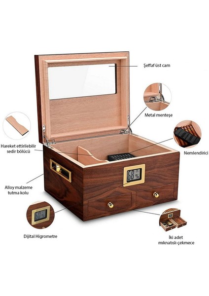 Sedir Ağacı Camlı Çekmeceli Humidor Puro Kutusu RC56