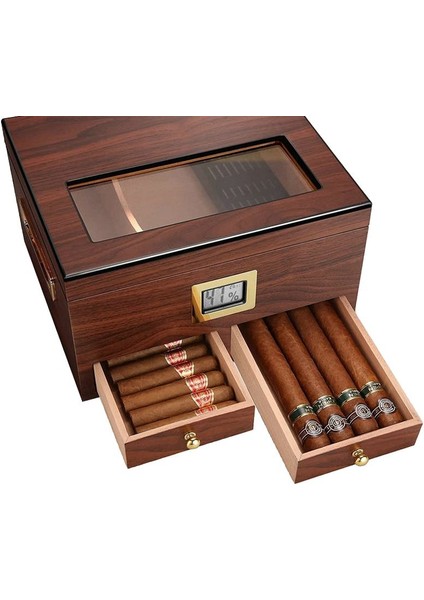 Sedir Ağacı Camlı Çekmeceli Humidor Puro Kutusu RC56