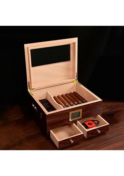 Sedir Ağacı Camlı Çekmeceli Humidor Puro Kutusu RC56