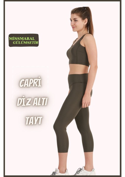 Kadın Tayt Haki Yeşil Diz Altı Kapri Yüksek Bel Dar Paça Karyoka Dikiş Detaylı Capri 1020 fiyatları