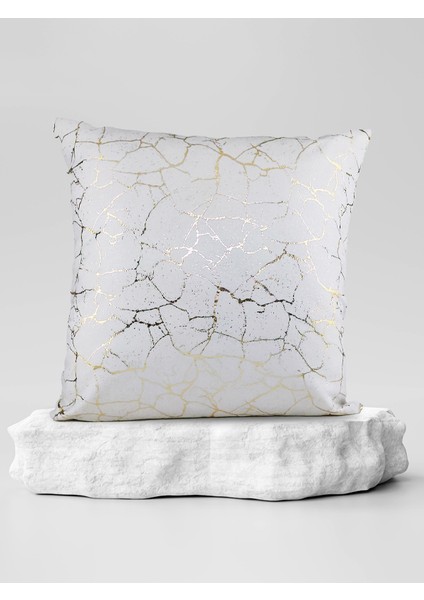 Altın Detaylı Mermer Desen Kare Kırlent Kılıfı Taba