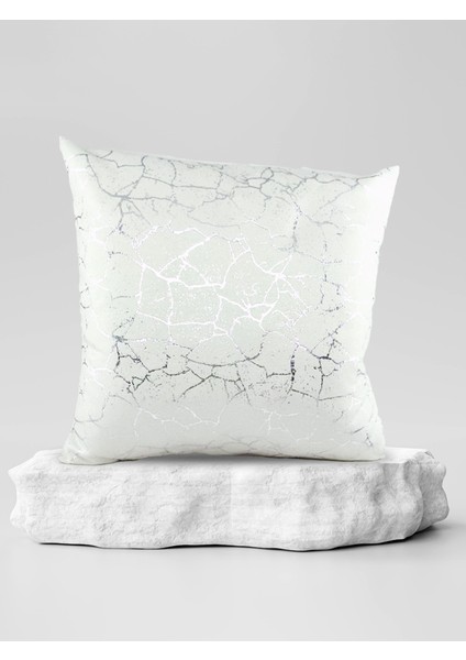 Gümüş Detaylı Mermer Desen Kare Kırlent Kılıfı Indigo Mavi