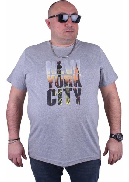 Büyük Beden Sıfır Yaka Tişört New York City 23125 Gri Melanj fiyatları