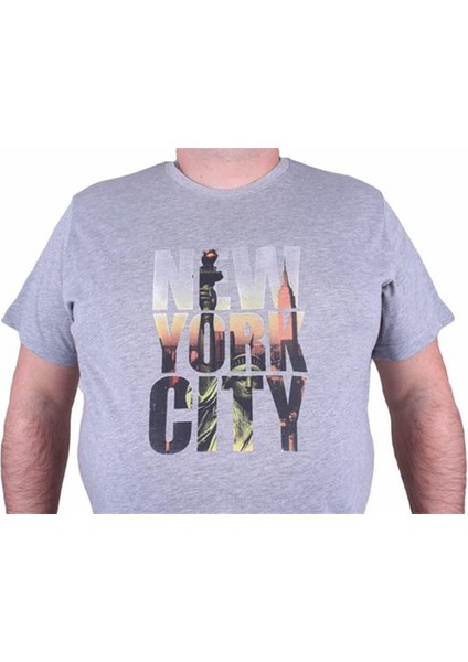 Büyük Beden Sıfır Yaka Tişört New York City 23125 Gri Melanj modelleri