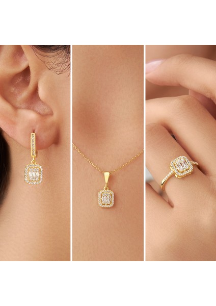 925 Ayar Sarı Altın Kaplama Baget Taşlı Gümüş Üçlü Set fiyatları