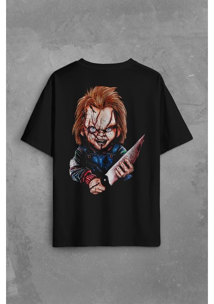 Chucky Charles Lee Ray Oyuncak Bebek Bıçak Sırt Ön Baskılı Oversize Tişört T-Shirt fiyatları