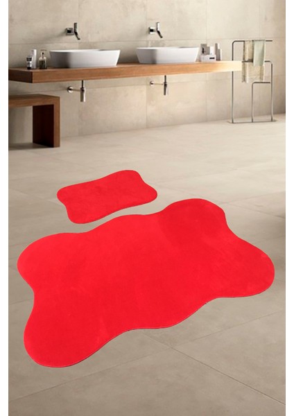 Anatolia 2'li Kırmızı 80X140 + 50X70 cm Büyük Ebat Banyo Paspası Seti Kaymaz Tabanlı Klozet Takımı