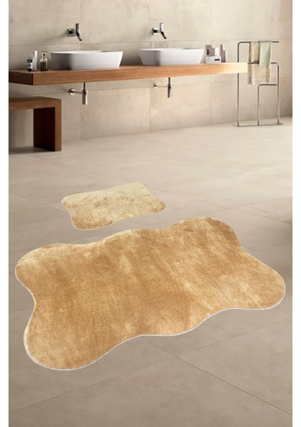 Anatolia 2'li Karamel 80X140 + 50X70 cm Büyük Ebat Banyo Paspası Seti Kaymaz Tabanlı Klozet Takımı