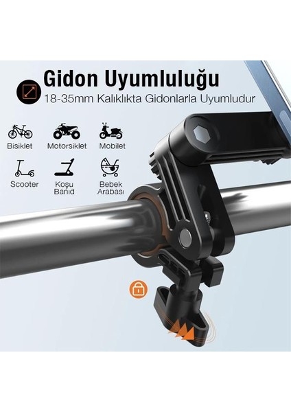 Polham Motor, Bisiklet, Scooter ve Bebek Arabası Gidon Uyumlu Telefon Tutucu, Kilit Sistemli 360