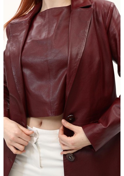 Bordo Kadın Deri Crop fırsatları