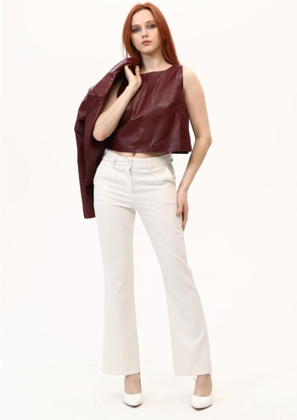 Bordo Kadın Deri Crop