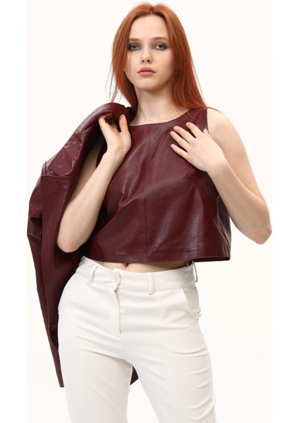 Bordo Kadın Deri Crop fiyatları