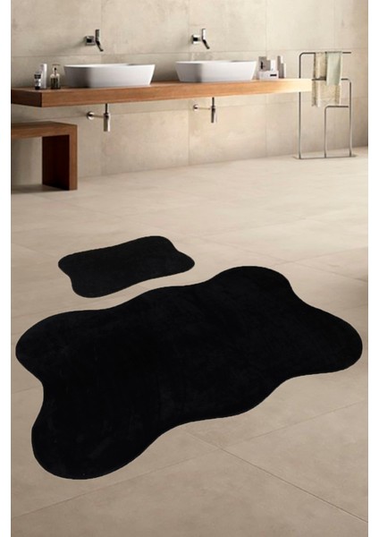 Anatolia 2'li Siyah 80X140 + 50X70 cm Büyük Ebat Banyo Paspası Seti Kaymaz Tabanlı Klozet Takımı