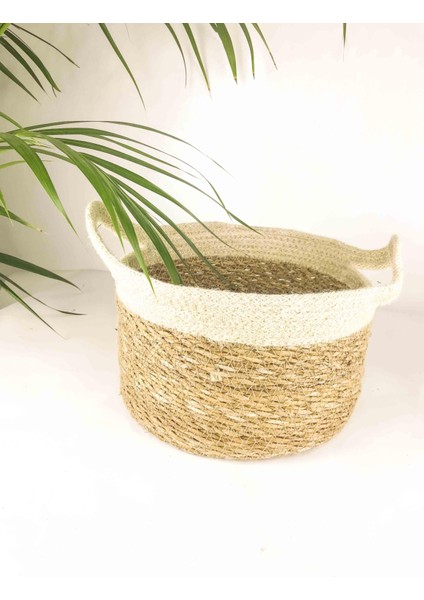 Üstü Krem Şeritli Doğal Hasır Sepet Küçük fırsatları