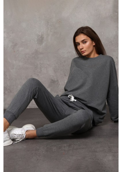 Fancy Kadın Bisiklet Yaka Düşük Kollu Basic Sweatshirt Antrasit