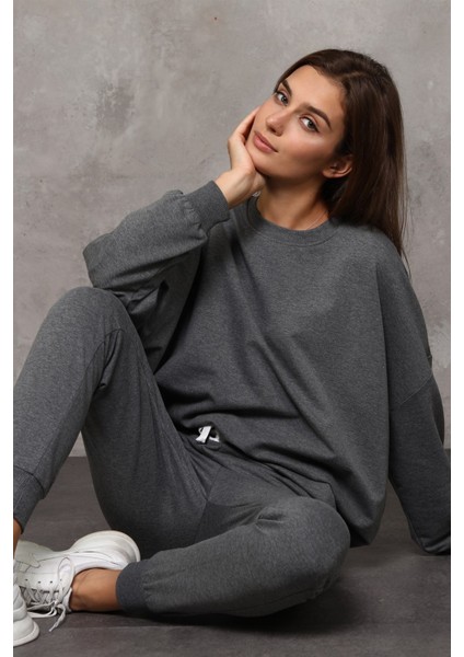 Fancy Kadın Bisiklet Yaka Düşük Kollu Basic Sweatshirt Antrasit