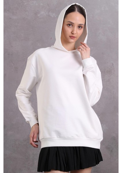 Fancy Kadın Kapüşonlu Yandan Cepli Ekru Relaxed fit Basic Sweatshirt