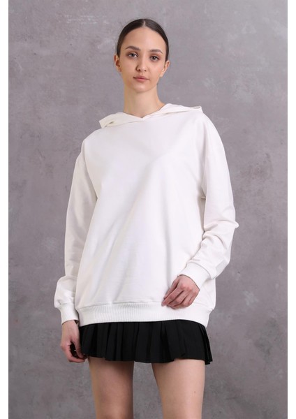 Fancy Kadın Kapüşonlu Yandan Cepli Ekru Relaxed fit Basic Sweatshirt