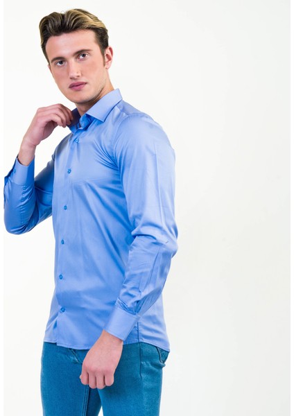 Exve Exclusive Mavi Sade 100% Pamuk Saten Slim Fit Uzun Kol Erkek Gömlek