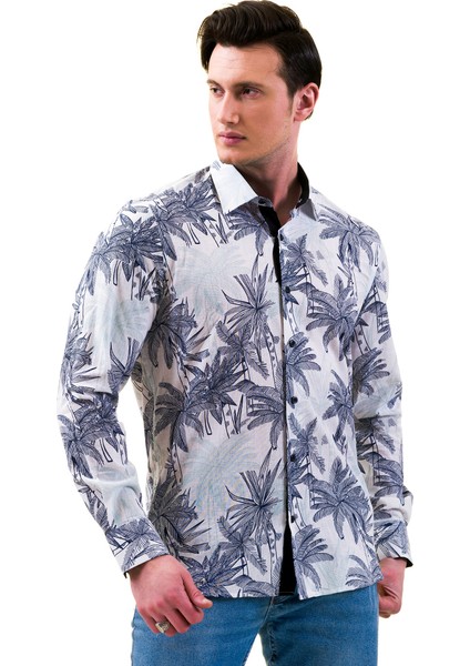 Exve Exclusive Beyaz Flamlı Keten Üzerine Lacivert Yeşil Hawaii Palmiye Baskılı Slim Fit Uzun Kol Erkek Gömlek