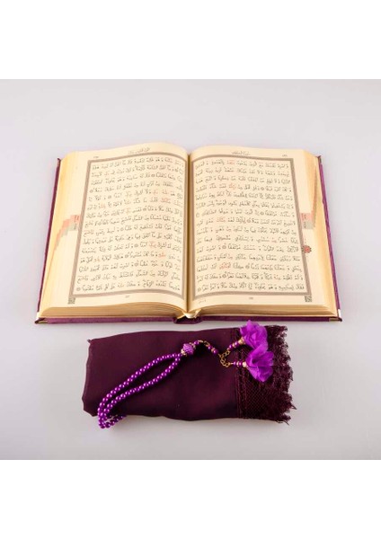 Şal + Tesbih + Kuran Hediye Seti (Çanta Boy, Kadife, Mor) modelleri