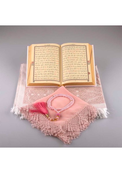 Şal + Seccade + Tesbih + Kuran Hediye Seti (Hafız Boy, Toz Pembe) modelleri