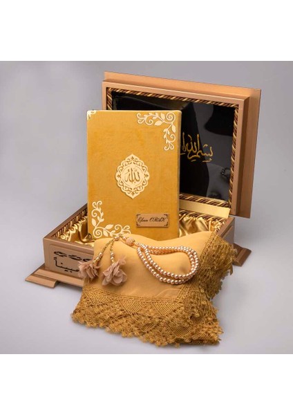 Şal + Tesbih + Kuran Hediye Seti (Hafız Boy, Lafzatullah, Gold)